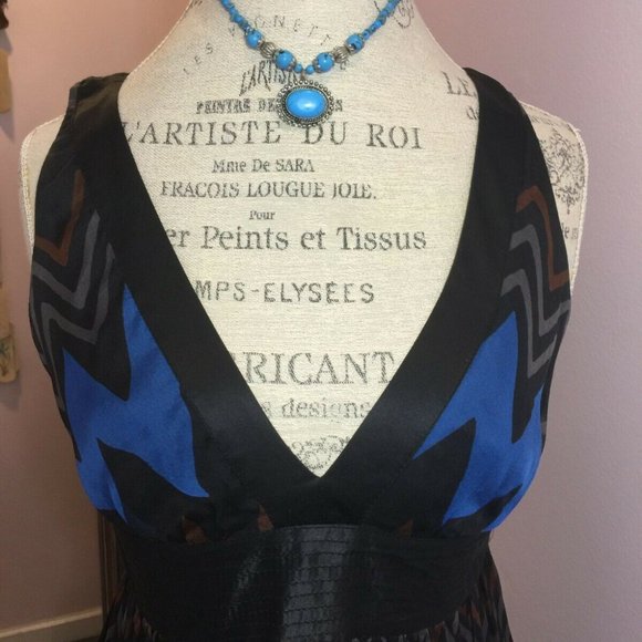 Size M Zara Blue Brown Zig Zag Chevron Silk Dress V Neck Sleeveless Summer Retro - Picture 8 of 10